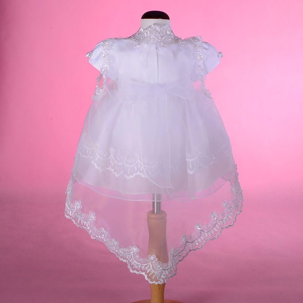 Baby Girls' Beaded Scalloped Embroideries Baptism Christening Gown White Dress with Lace Cape and Bonnet