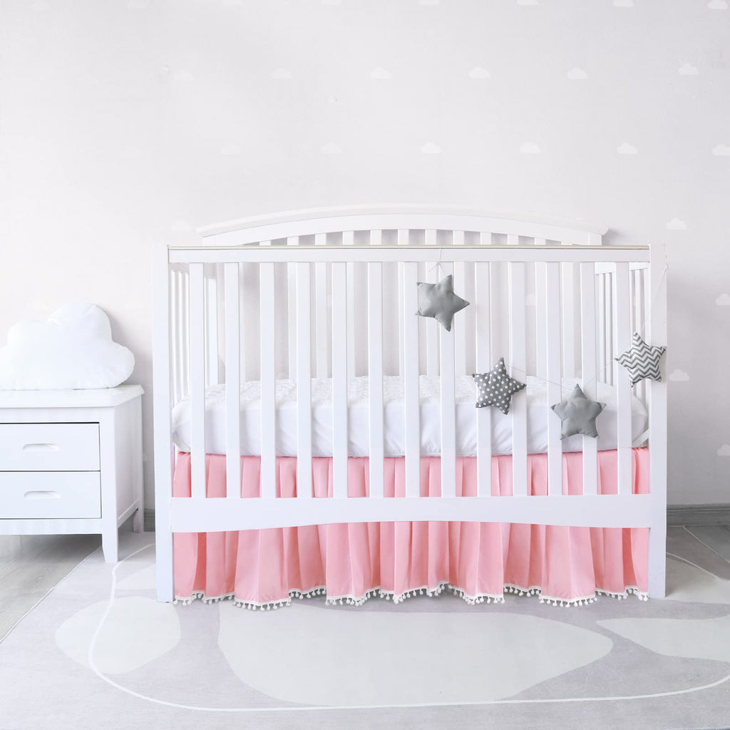 Crib Skirt with Pompoms Pink, 14" Drop, Fits Standard Crib