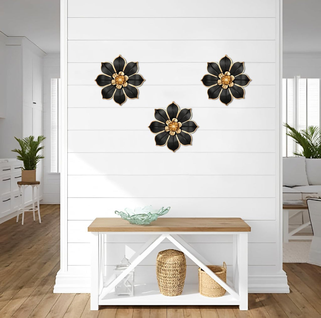 Set of 3 Black and Gold Metal Flowers Wall Art Decor 10"