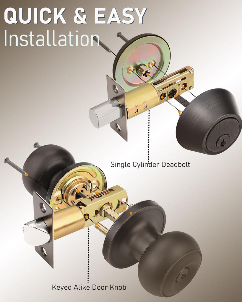 3 Pack Keyed Alike Front Door Knob and Deadbolt Set, Entry Door Locksets with Single Cylinder Deadbolt, Oil Rubbed