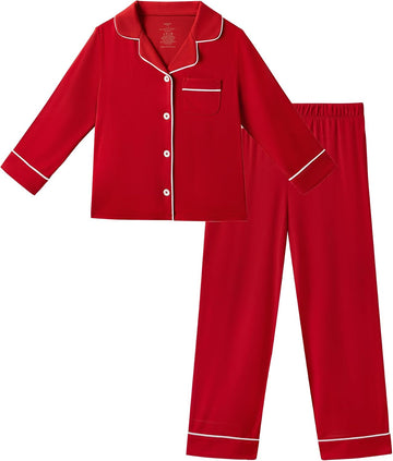 Kids Pajamas Bamboo Viscose Pajama Set, Unisex Boys Girls Long Sleeve Shirt and Pants Button Down Sleepwear