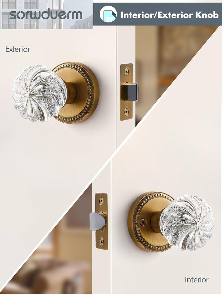 1 Pack Crystal Door Knobs Antique Brass Door Knob Passage Door Knobs Glass Interior Door Knob for Hall and Closet