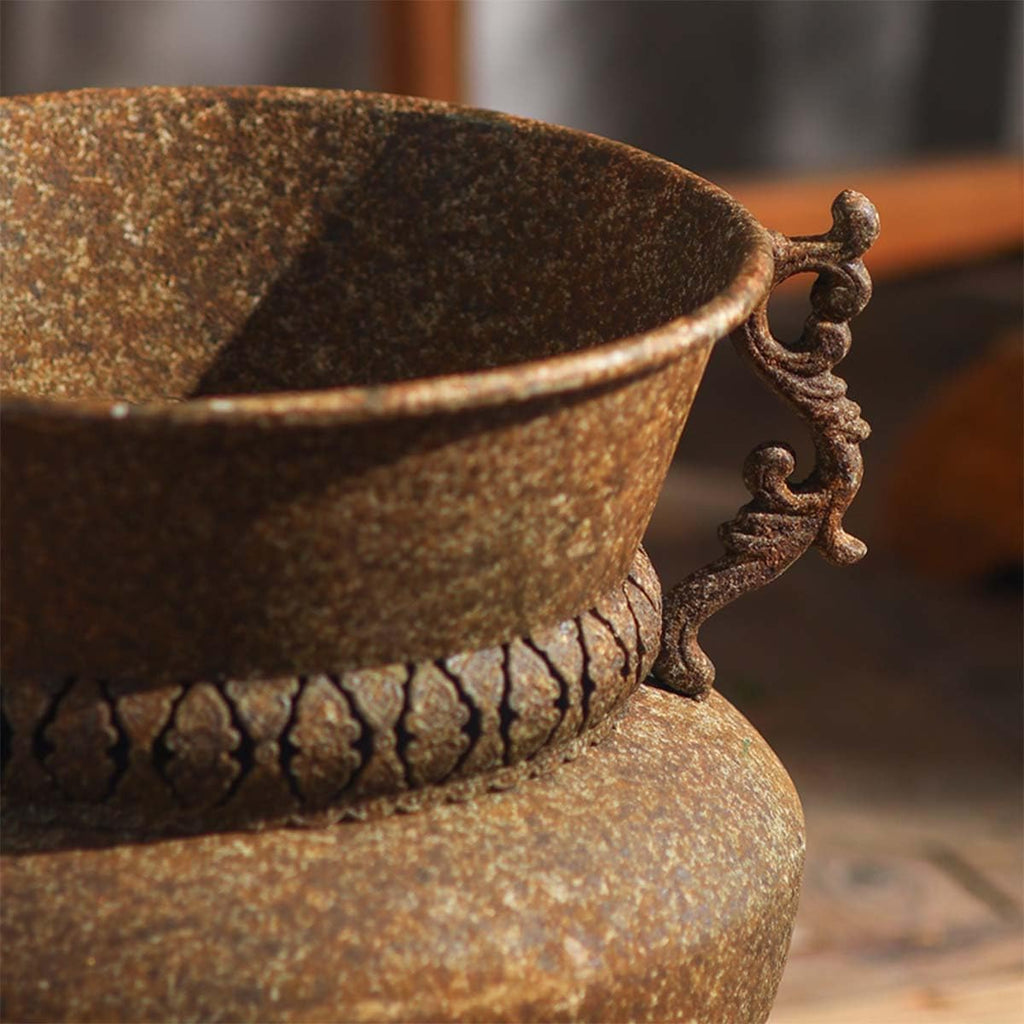 Metal Urn Planter with Handles, Rustic Brown | Ornate Scroll Handles, Pedestal Base Design, Indoor & Outdoor Use