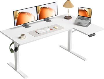 55 Inch Reversible L Shaped Electric Standing Desk, White | Corner Height Adjustable Computer Table, Stand Up Desk