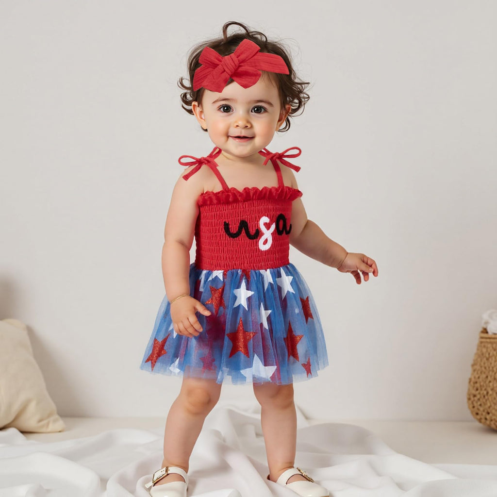 Newborn Infant 4th Fourth of July Baby Girl Outfits Bubble Romper White Red and Blue Clothes+Headband (USA Star Red
