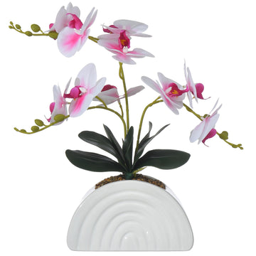 White and Pink Silk Orchid Plant in White Rainbow Pot for Table Décor