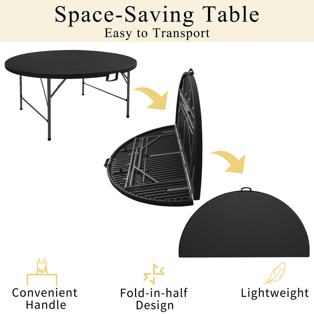 5 FT Round Folding Tables with Carrying Handle 60 inch Heavy Duty Portable Plastic Commercial Table Steel Legs for