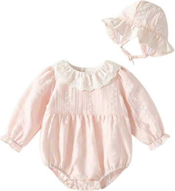 Baby Girl Bubble Romper Ruffle Lace Peter Pan Collar Puff Sleeve Bodysuit with Bonnet Baby Cute Summer Outfits