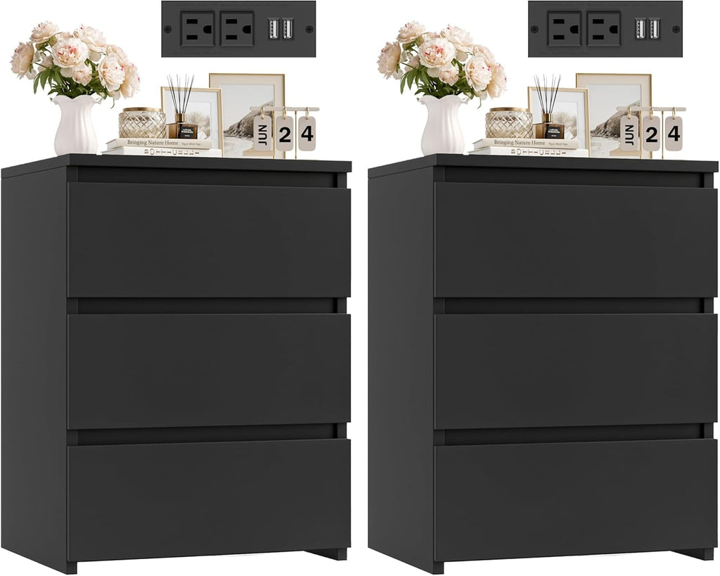 Nightstands Set of 2, 26" H Tall Black Night Stand with Charging Station & 3 Drawers, Modern Bedside Table Set 2 with