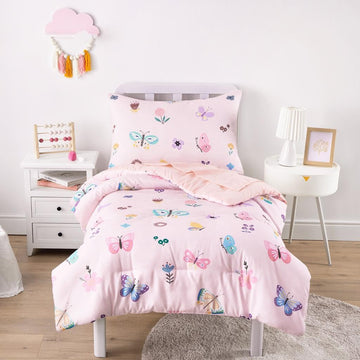 Butterfly Toddler Bedding Set for Girls, Cute Colorful Butterfly with Floral Flowers, 4 Pieces Soft Crib Bed Set