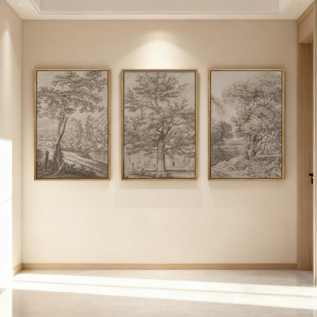 Extra Large Wall Art Framed Vintage Tree Sketch Antique Botanical Forest Prints Rustic Farmhouse Nature Decor Bedroom