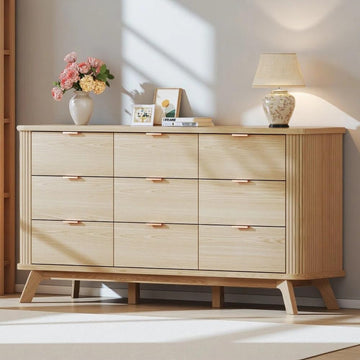 Fluted 9 Drawers Dresser, 60" Mid Century Modern & Chests of Drawers, Curved Profile Design, Dresser TV Stand, Oak