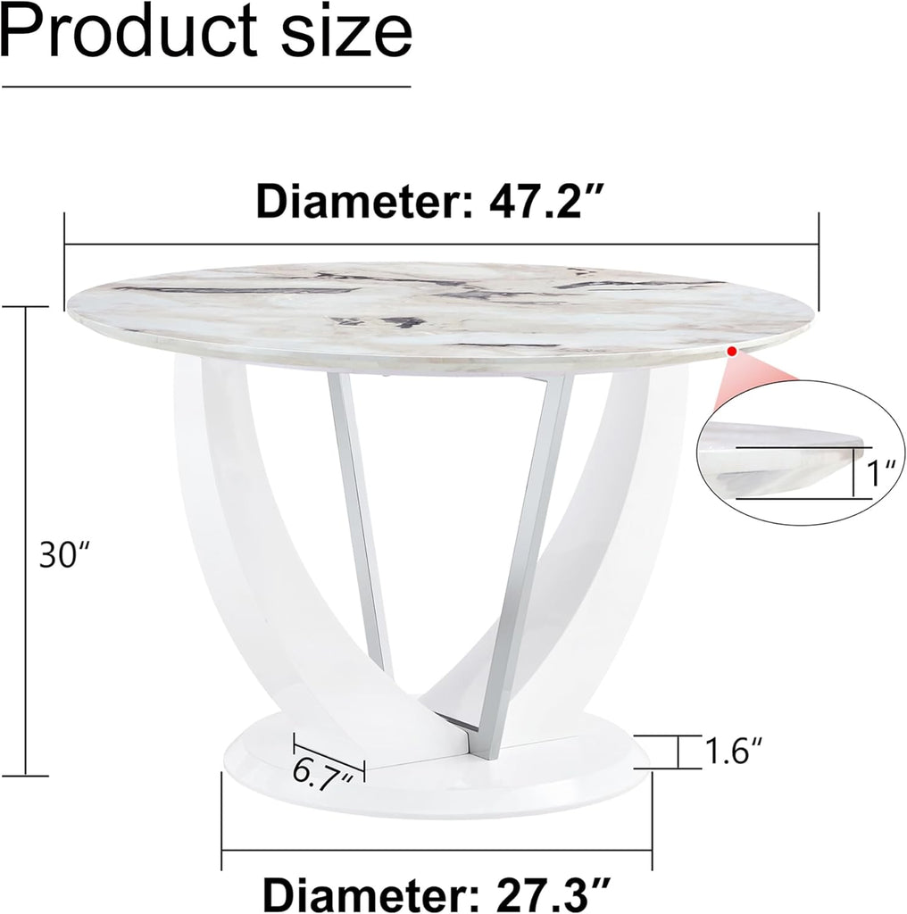 47" Round Dining Table for 4-6, White Faux Marble Kitchen Table with Wood Pedestal, Modern Circle Dinner Tables for