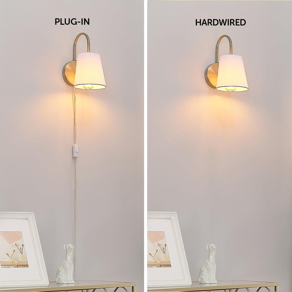 Hardwire or Plug-in Wall Sconce, Matte Brass, White Textured Shade, Arched Arm, Lighting, Home Decor, Lights