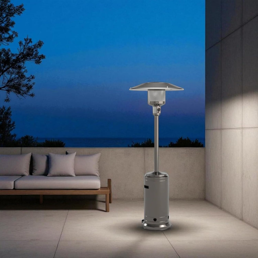 Industrial 46,000 BTU Standing Patio Heater, Steel Gray Aluminum Outdoor Heater with Wheels, Safety Shut-Off &