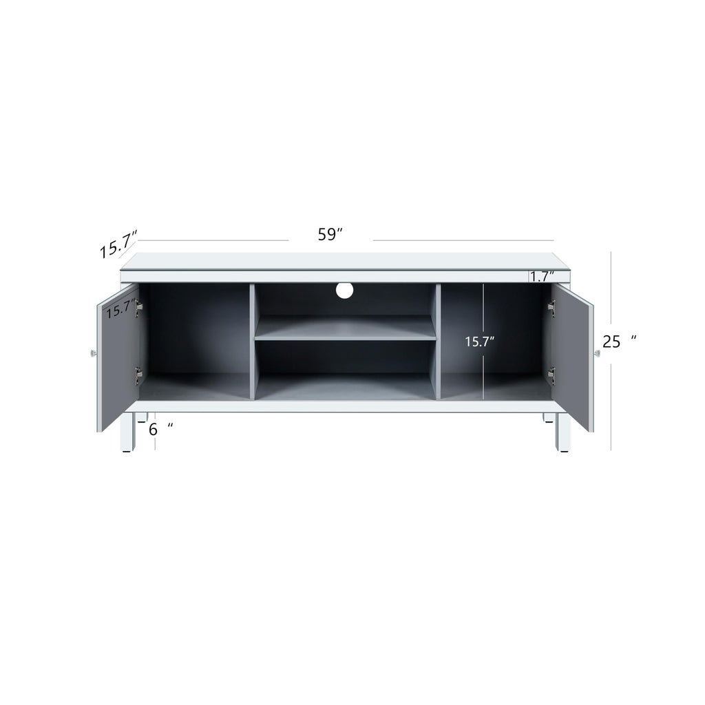 59" Mirrored TV Stand with Open Storage & 2 Storage Cabinets, Luxury Mirror Entertainment Center with Diamond