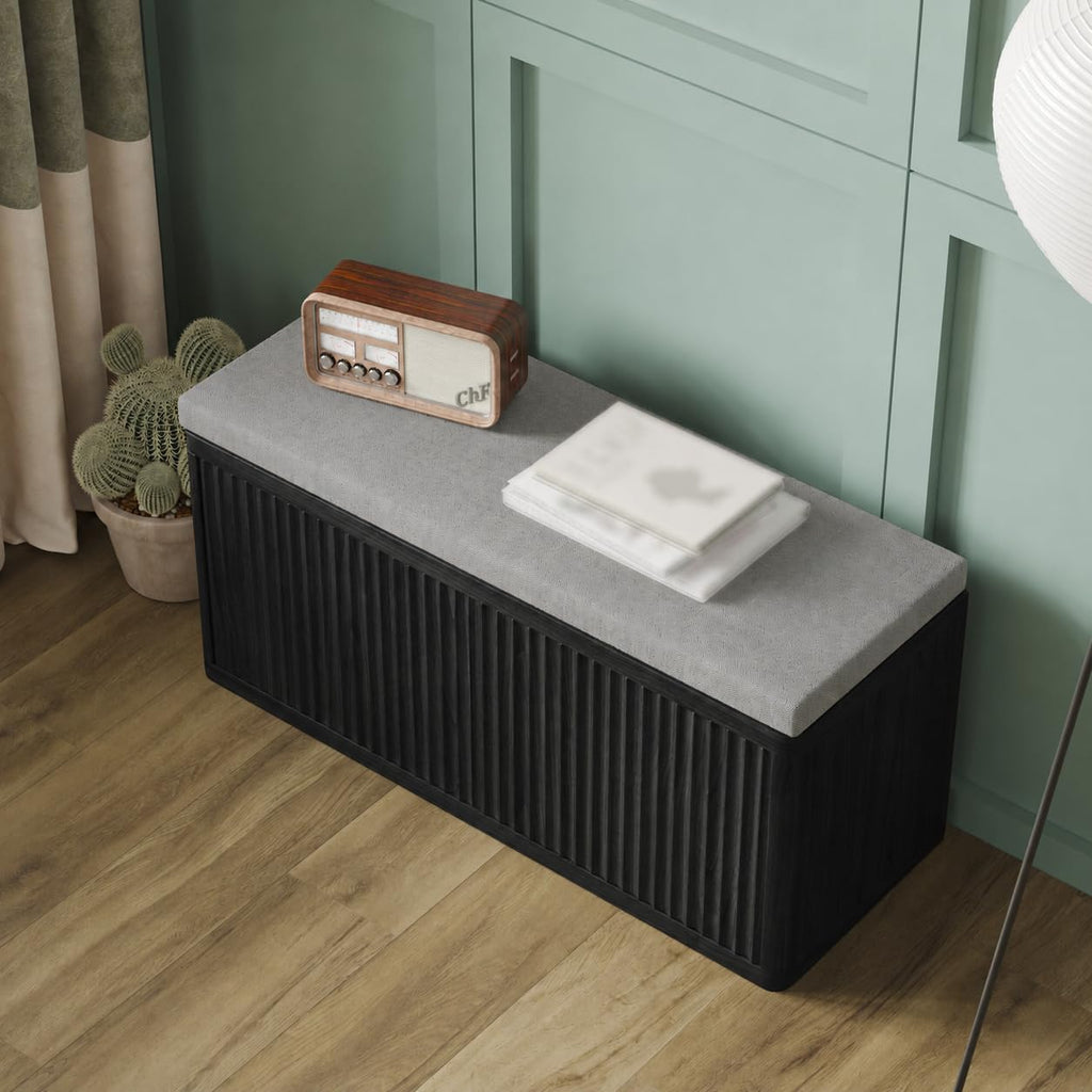 Shoe Bench with Cushion & Push-Open Doors, Double-Layered Storage, Black
