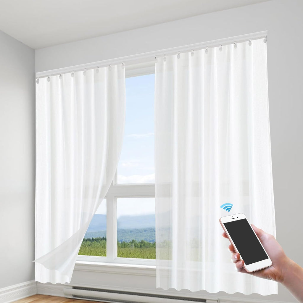 Smart Electric Curtain Track 85"-165", Motorized Curtain Rail with Remote, Voice & App Control, Ceiling Mount Curtain