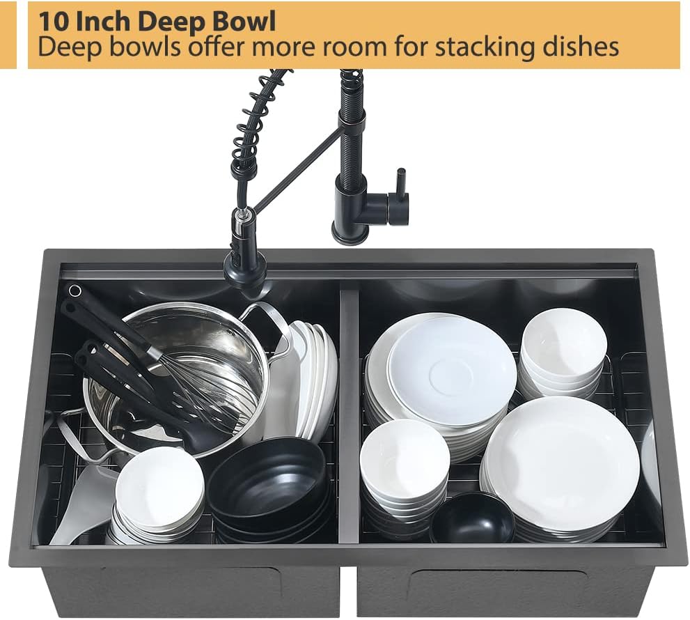 33 Inch Black Double Bowl Undermount Kitchen Sink Workstation 50/50 | 33x19 Double Bowl Kitchen Sink 16 Gauge Black