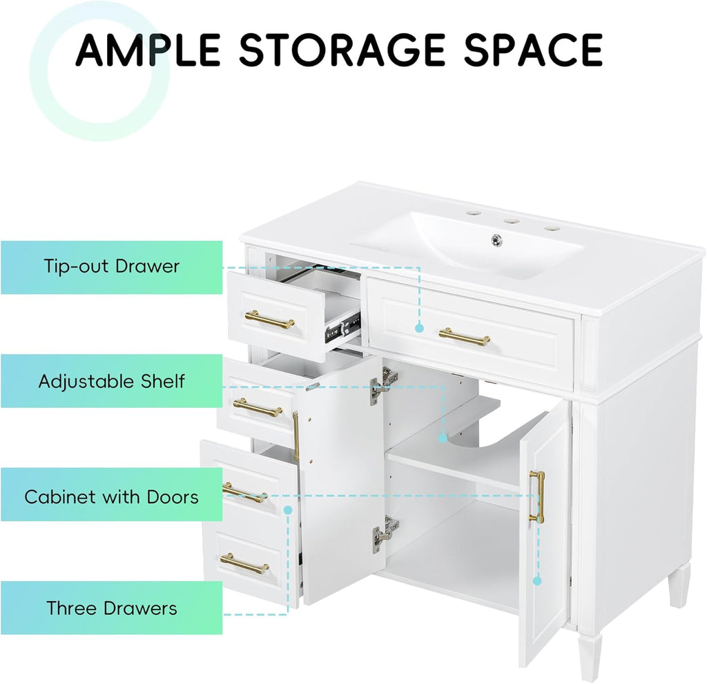 36" Freestanding Bathroom Vanity with Sink - Vanity Set with Flip Drawer & 3 Storage Drawers
