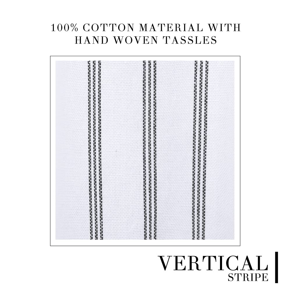 Modern Transitional White Stripe with Tassels - Vertical Black Lines Striped 100% Cotton, 72" x 72"