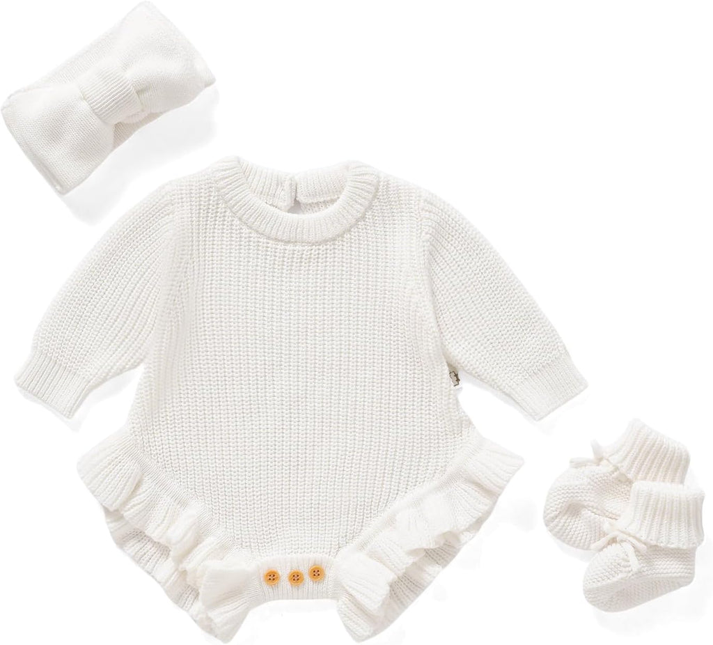 Cotton Newborn Set with Knit Sweater, Hair Band, Booties, Baby Girls