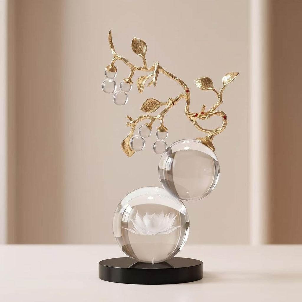 Clear Glass Sculpture, Handmade Gold Metal Branch Decorative Statue | Minimalist Desk Sculpture Decor, Tabletop