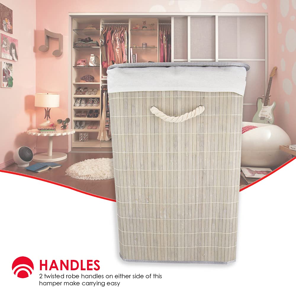 Durable Foldable Bamboo Laundry Basket Hamper | Rectangular | Removable Liner for Washing | Wire Frame | Rope Handles