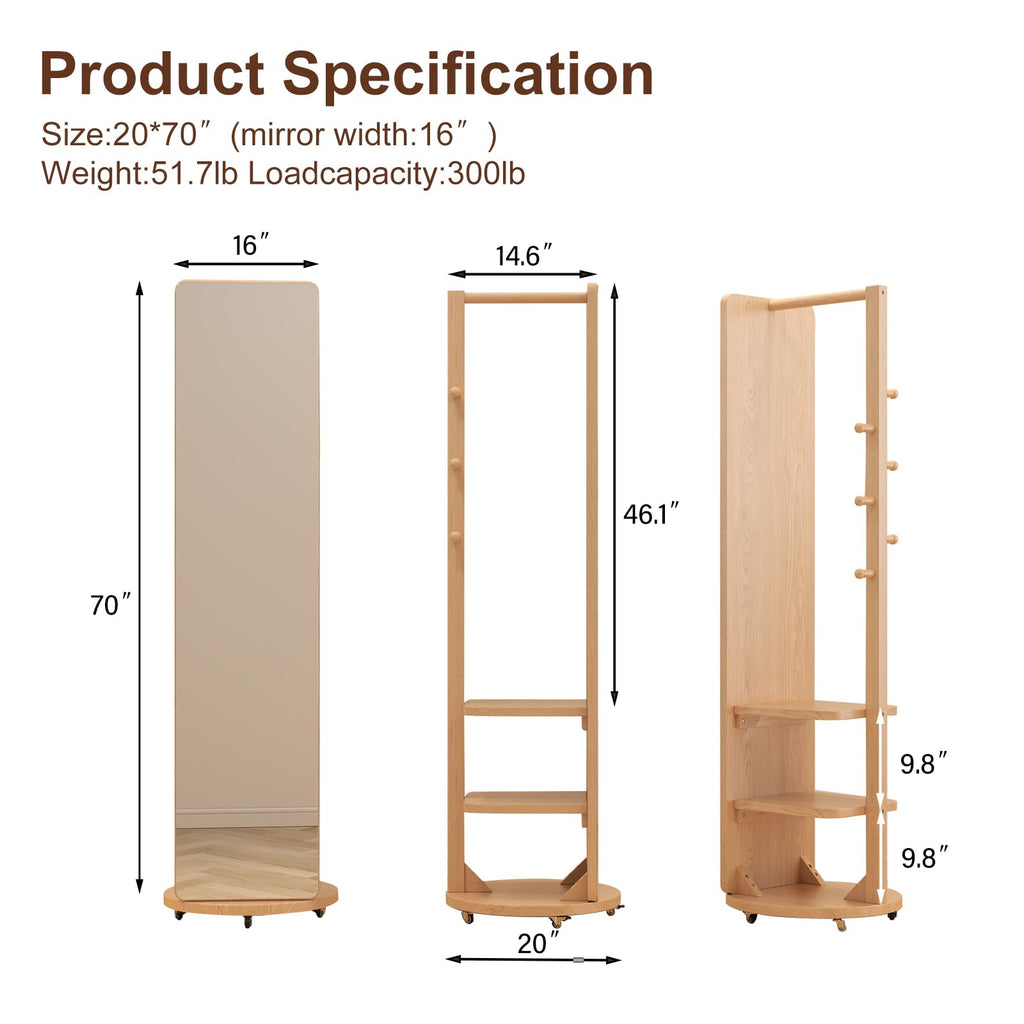 Solid Wood Full Length Mirror Coat Rack, 70" x 20" Oversize Standing Mirror Full Length with Brake Wheels, Floor