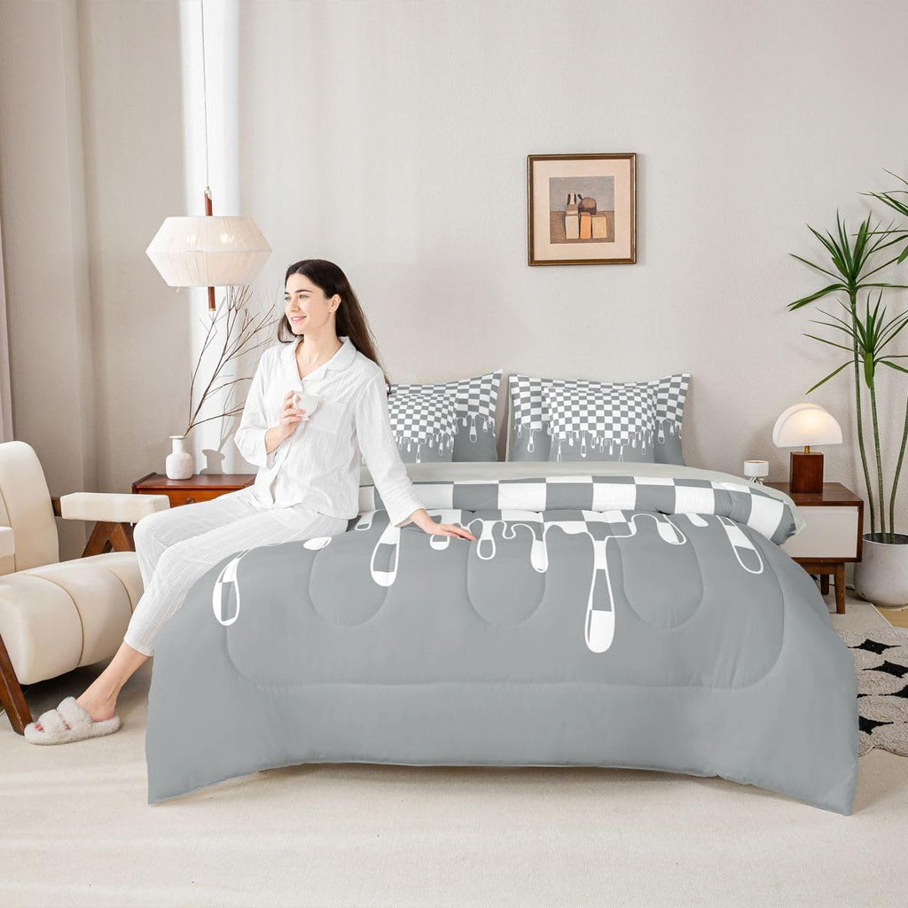 Neutral Grey Checkered Bed Sheets and Comforter Set | Gingham Checkerboard Drip 7 Piece Bedding Set Retro