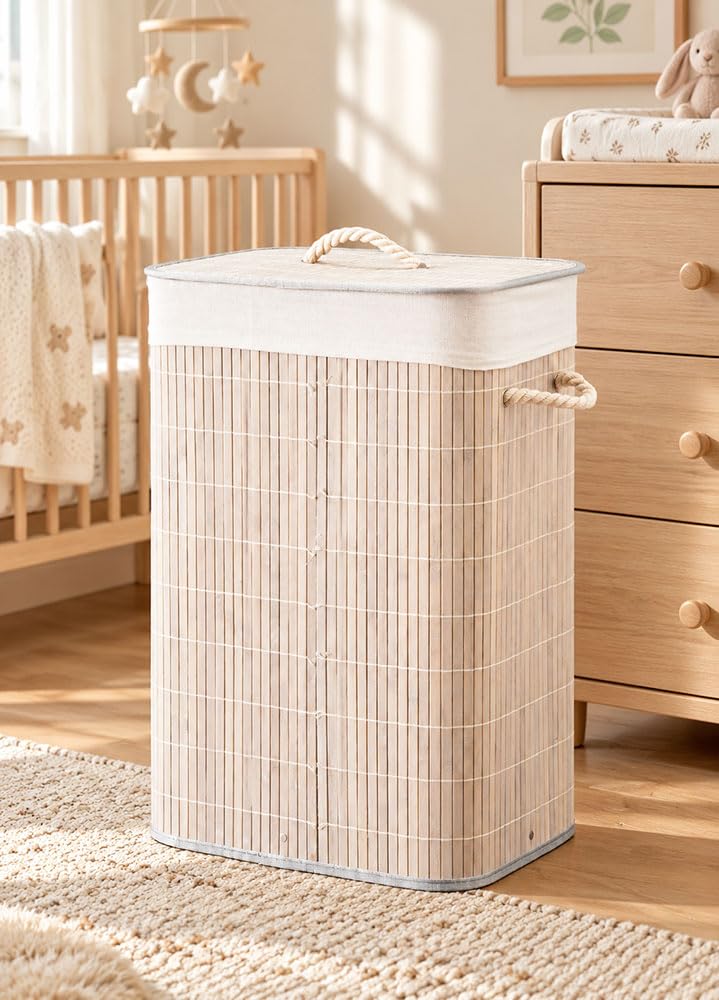 Durable Foldable Bamboo Laundry Basket Hamper | Rectangular | Removable Liner for Washing | Wire Frame | Rope Handles