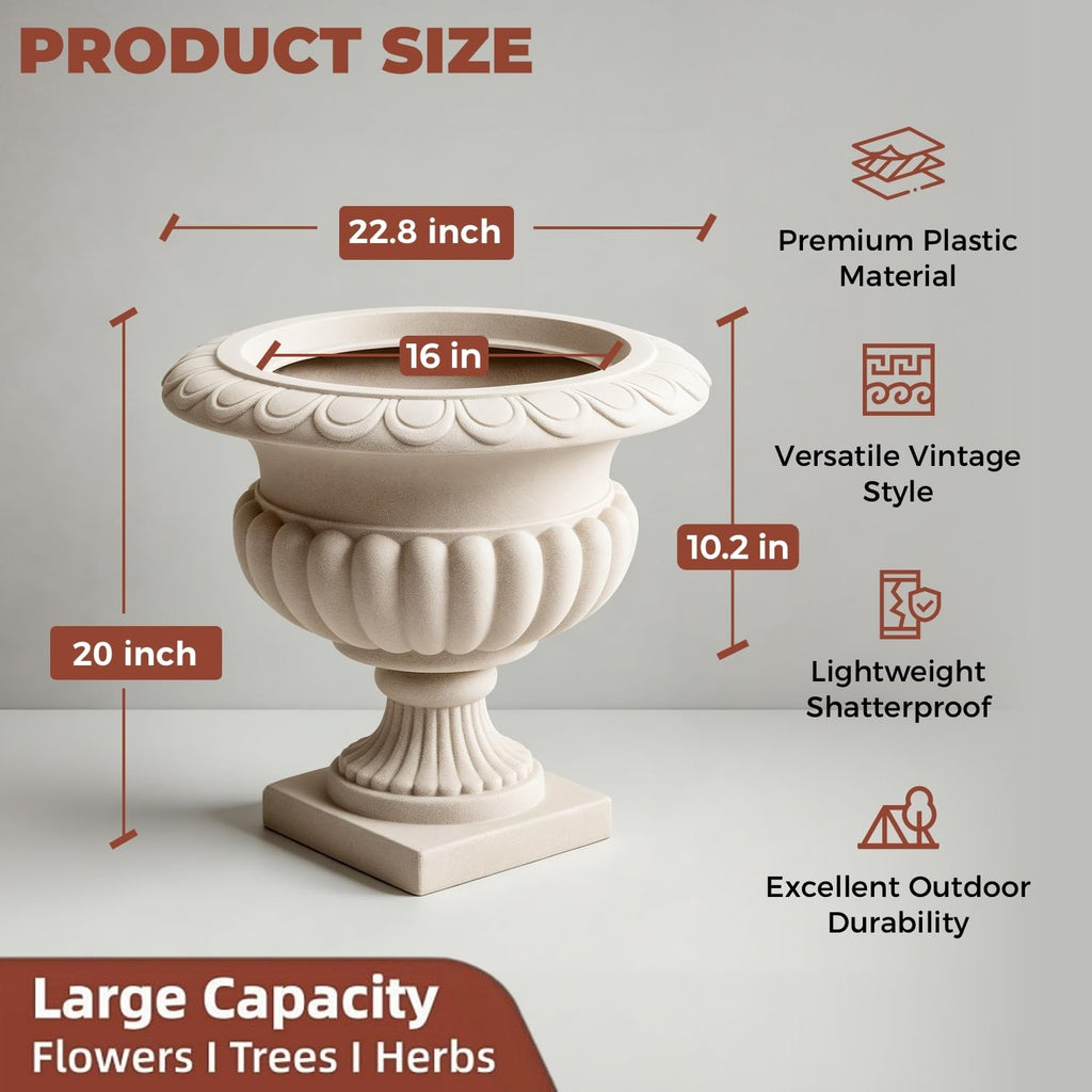 20" H Large Roman Urn Planter, Lightweight Weatherproof Plastic Flower Pot