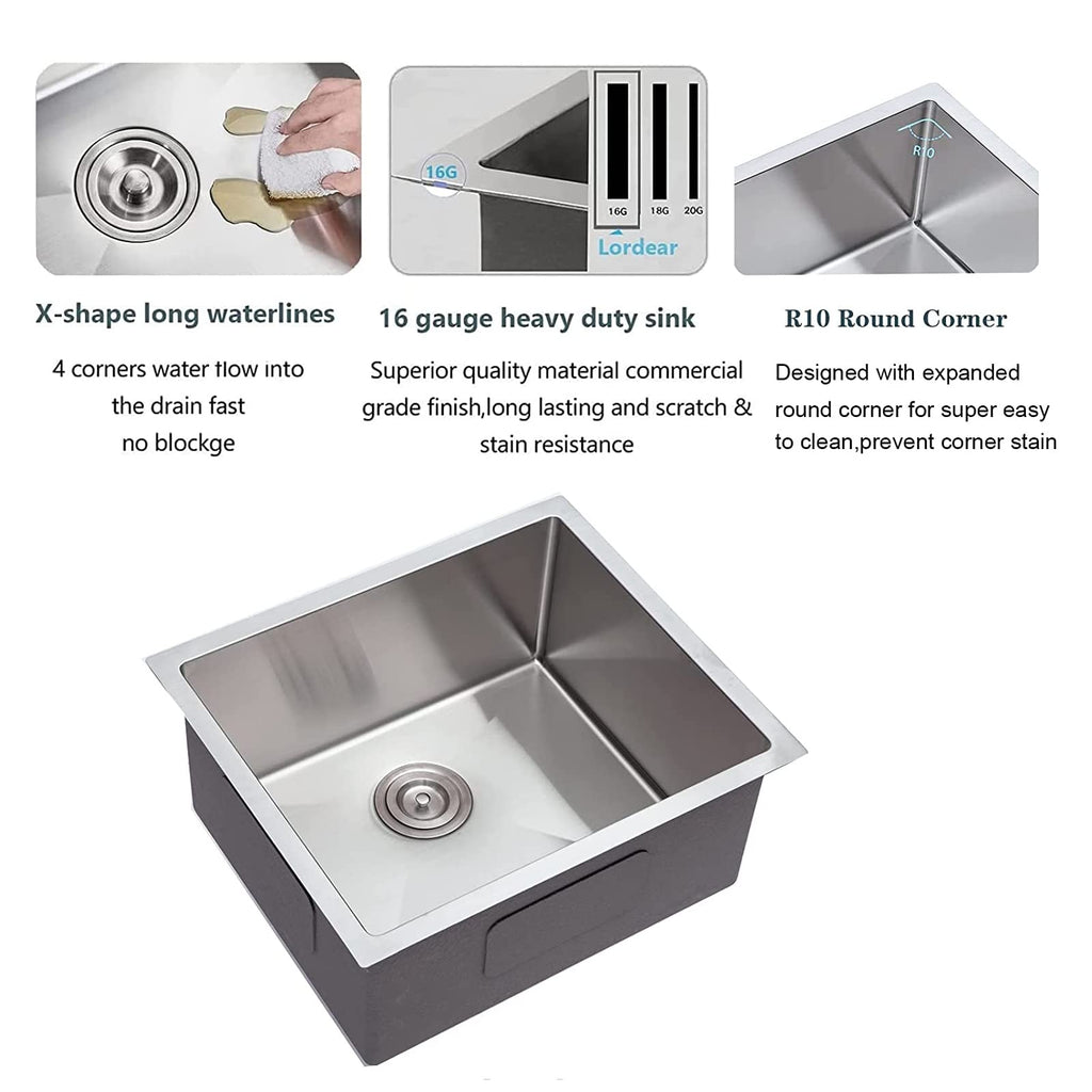 Undermount Kitchen Sinks 23 inch Small Undermount Bar Sink, 16-Gauge Stainless Steel Single Bowl Bar Prep Kitchen Sink