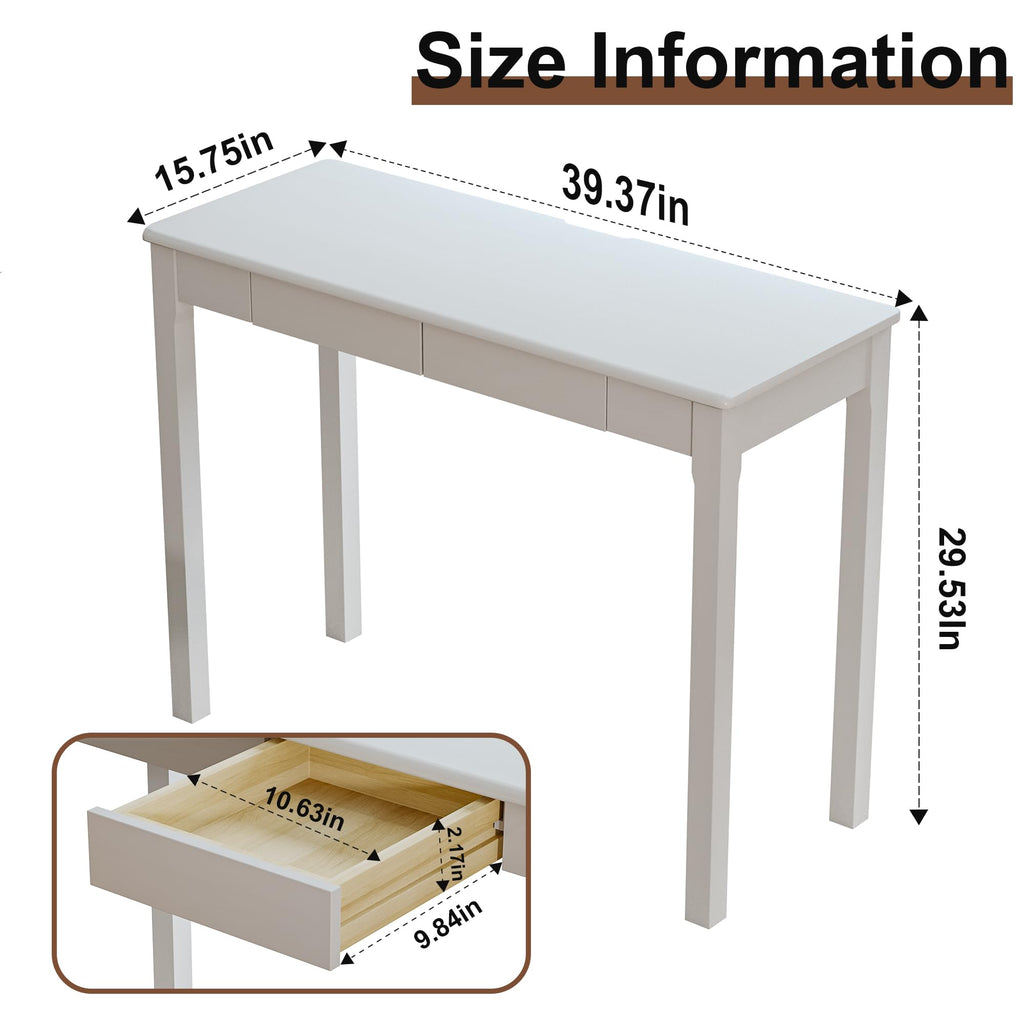 Solid Wooden Desk with Drawers - 39 x 16 Inch Modern Narrow Desks, Rubberwood Simple Work Study Table, Small Writing