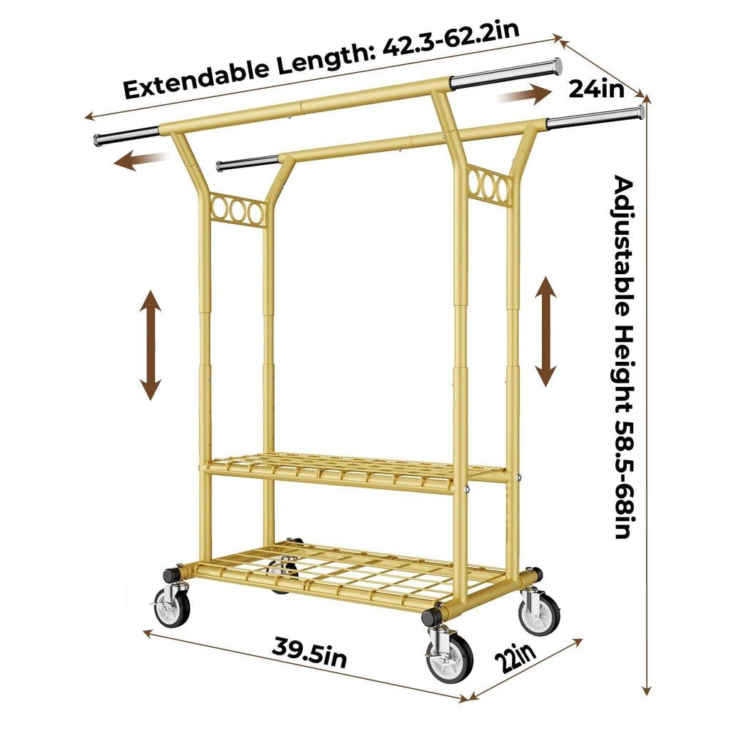 Heavy Duty Clothes Rack, Rolling Clothing Racks With Shelves Load 620 LBS, Double Rod Clothing Racks for Hanging