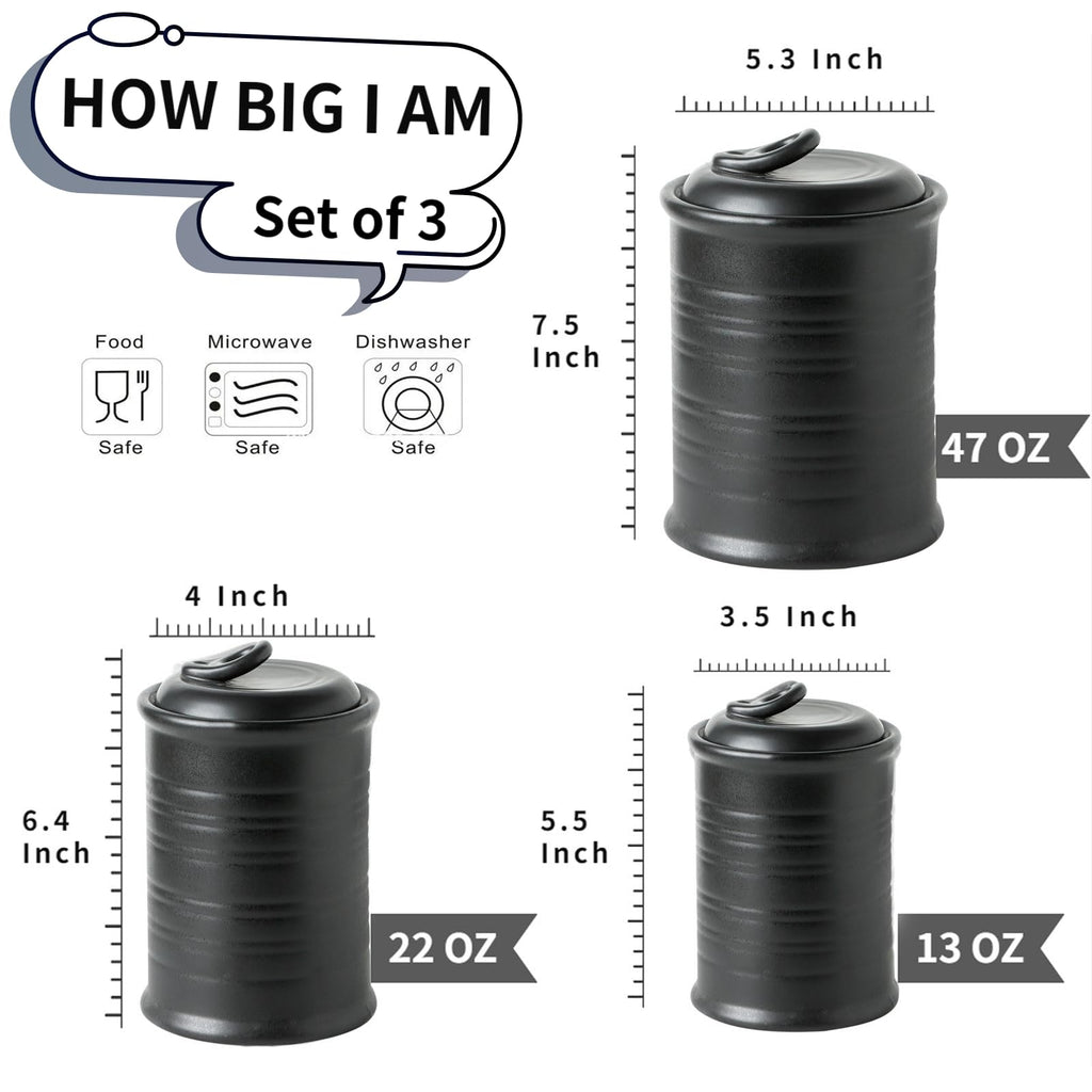 Food Storage Jar, Ceramic Canister Sets for The Kitchen, Set of 3, Black