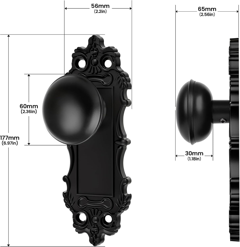 Matte Black Dummy Door Knobs Antique Interior, 2 Pack
