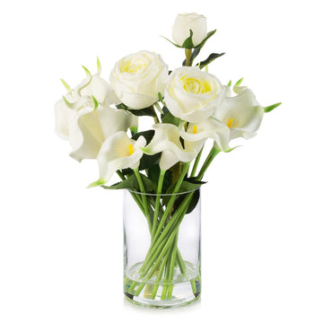 18 Heads Calla Lily Flowers Real Touch in Glass Vase Mixed Rose Artificial Flowers, Artificial Flowers in Vase with
