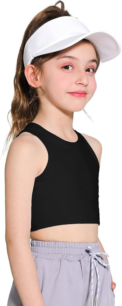 Girls Sports Bra Racerback Crop Tank Top for Kids High Neck Sleeveless Athletic Dance Top Teen