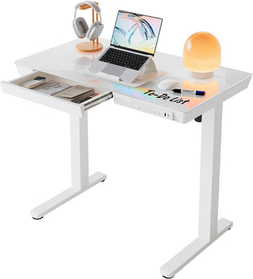 Glass Standing Desk with Drawers, 35 X 20 Inch Electric Adjustable Height Desk, Quick Install One-Piece Tabletop with