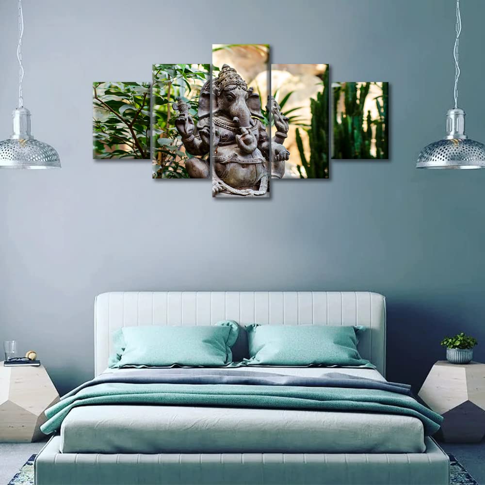 5 Piece Ganesha Wall Decor Ganesha Metal Figure in the Jungle Canvas Paintings Black and White Wall Art Hindu God