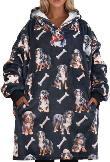 Bernese Mountain Gifts for Women & Men, Bernese Mountain Themed Wearable Flannel Blanket Hoodie, Oversized Hooded