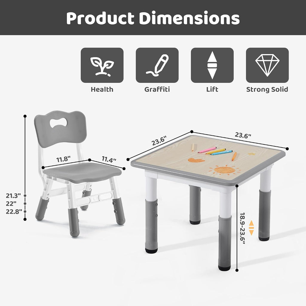 Kids Table & Chairs Set (2 Chairs) Height Adjustable for Ages 2-8 | Non-Slip Toddler Activity Table with Wipe-Clean