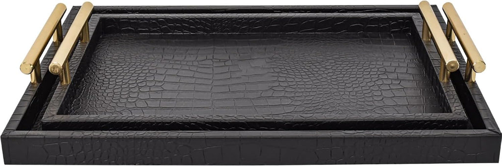 Set of 2 Modern Elegant Large Wood Serving Tray, Rectangle Decorative Tray Ottoman Tay Coffee Table Tray, Black