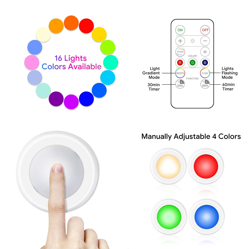 6 Pack LED Puck Lights Remote Control 16 Color Changeable Under Cabinet Lights, Battery Operated Lights Night Light