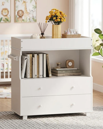 Baby Changing Table with Drawer and Storage Shelves | Heavy Duty Diaper Station, White Wooden Changing Table with
