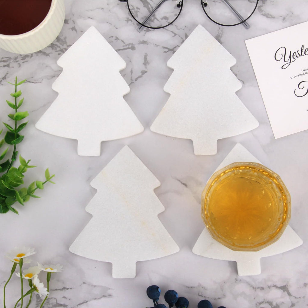 Marble Coasters, White, Pine Tree, 4 Inch - Set of 4