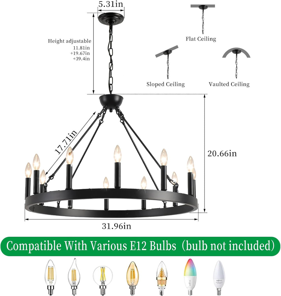 Inspired Camino Style Chandelier - Wagon Wheel Chandelier 32" 12-Light, Round Black Chandeliers Farmhouse Modern Wagon Wheel Light Fixtures, for High Ceiling Dining Living Room, Foyer, Entryway A105-B0CGZQSZV1