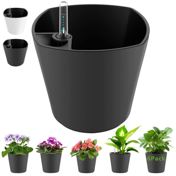 Self Watering Planters for Indoor Outdoor Plants 7 inch Flower Pot with Water Level Indicator Grey 6 Pack African
