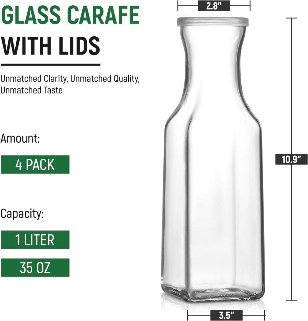 Set of 4 Square Glass Carafe with Lid, 1 Liter Clear Glass Pitcher, Beverage Serveware Carafe for Mimosa Bar, Brunch
